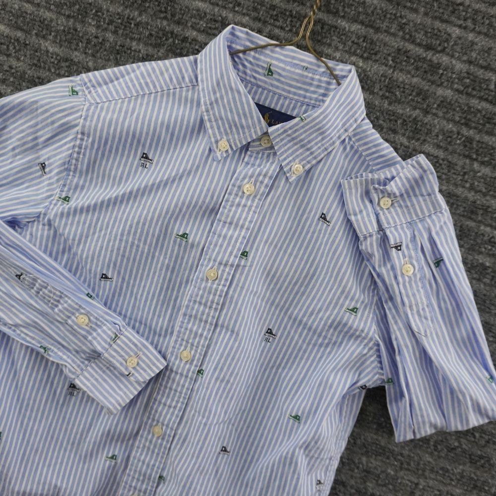 Ralph Lauren Button Down Shirt Boys Size 7 Blue Striped Sneaker Embroidered